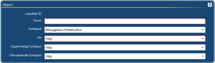 9.2 Bebyggelse-Infrastruktur (Alternativt til denne gjennomgangen kan du klikke på spørsmålstegnikonet som finnes øverst til høyre i de fleste felt for å få informasjon og veiledning om hva som skal