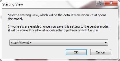14 Nytt i Revit Architecture 2012 Side 83 - Andre innstillinger Du kan bestemme hvilket view av modellen som skal være åpningsviewet: STARTING VIEW Bestemmer hviket view som skal vises når du åpner