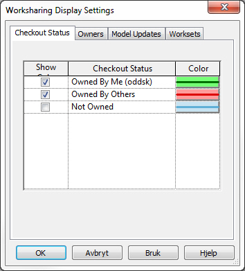 Nytt i Revit Architecture 2012 21 WORKSHARING DISPLAY SETTINGS Side 276 Worksharing Det er nå innført fargekoder for å skille mellom eierskap og status for de ulike delene.