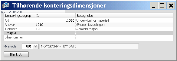 Internkontering: Dersom du har lagt inn en standardkontering for alle internfakturaer på kombinasjonen av en kunde og en oppdragsgiver, kan du ved hjelp av denne knappen endre denne konteringen for