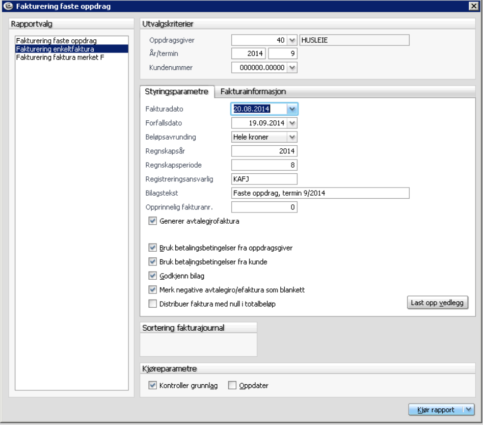 Alternativer for fakturering Faste oppdrag Fakturering enkeltfaktura: Denne rutinen har felles parametere som ved fakturering faste oppdrag bortsett fra følgende: Kundenummer: Angi det kundenummer du