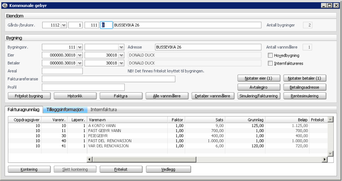Registrere fakturagrunnlag: Fanen Fakturagrunnlag: De grunnlagene som legges inn i dette bildet er årsgebyrer for denne bygningen.