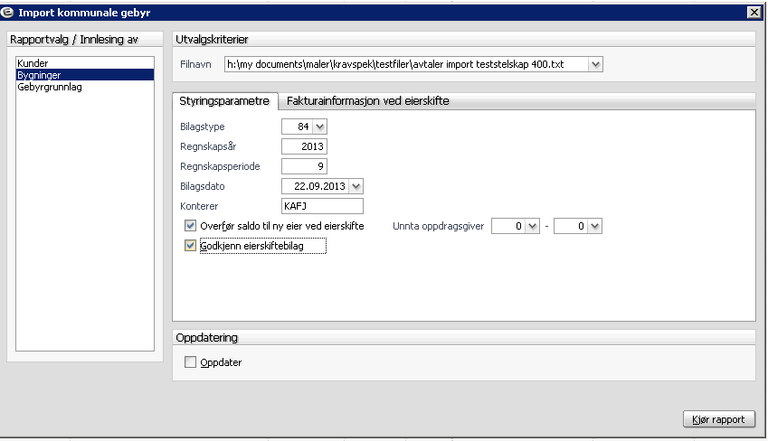 Trinn 2- Import av bygninger (forutsetning for at import av gebyrgrunnlag skal knyttes til riktig bygning): Ved import av bygninger får du flere valg: Overfør saldo til ny eier ved eierskifte: Dersom