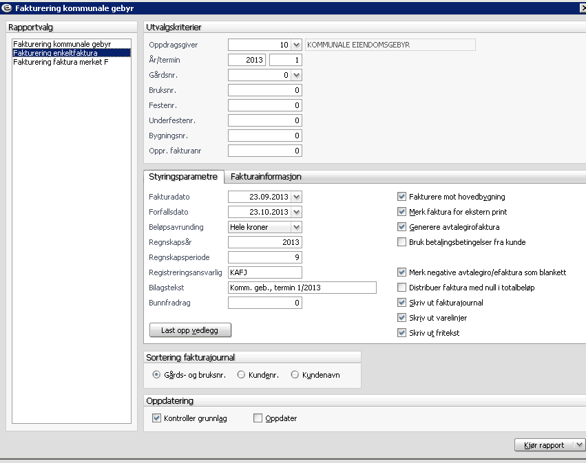 Fakturering enkeltfaktura: Denne rutinen har felles spørsmål med fakturering - generelt bortsett fra følgende: Gårdsnummer: Angi det gårdsnummer du ønsker å fakturere.