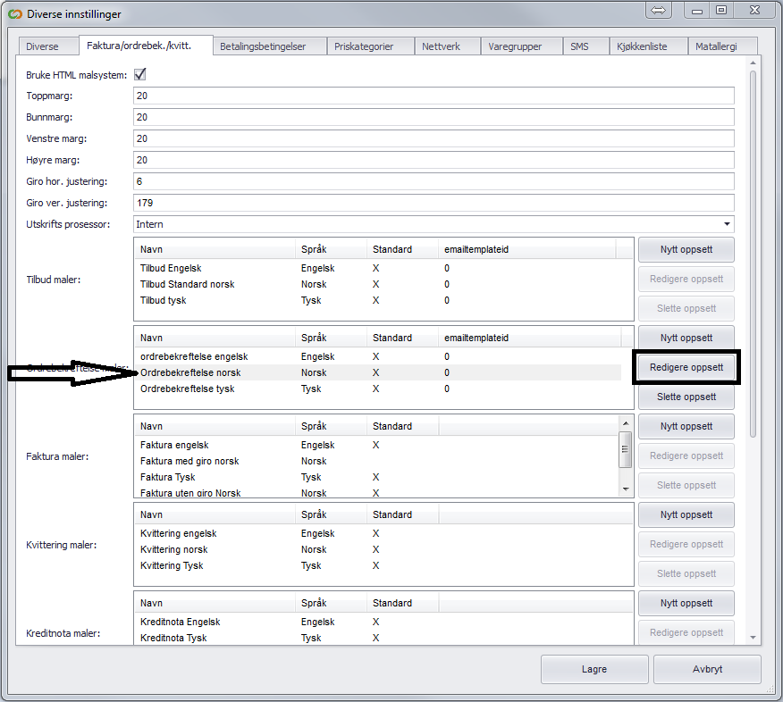 Gå til Innstillinger - > Diverse Innstillinger - > fane Faktura/Ordrebekr./kvitt.
