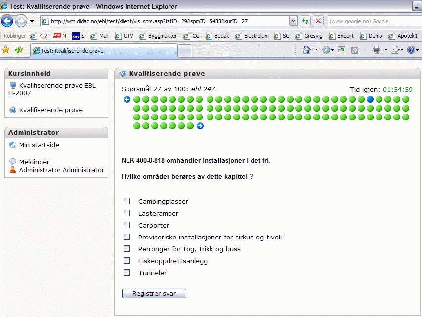 Oppe til høyre vises hvor lang tid du har igjen ( Tid igjen 01:46:06 ). NB! Det er ikke et krav om at spørsmålene besvares i en bestemt rekkefølge.