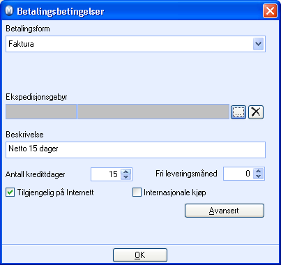 Utgifter i forbindelse med Betalingsform må du først registrere som et eget produkt i Produktregisteret. Deretter legger du dette produktet inn i boksen for Eksp.gebyr i dette vinduet.