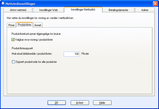 Under fanekortet Produktliste bestemmes blant annet bildebredden på bilende i nettbutikken.