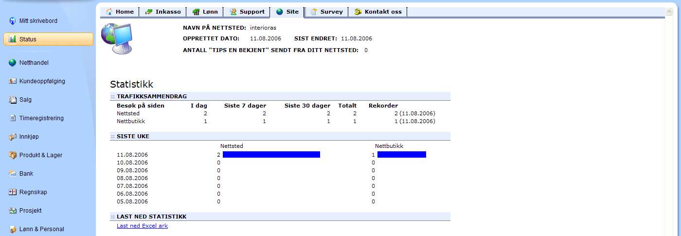 Statistikk Mamuts innebygde statistikk for ditt nettsted finner du ved å velge Netthandel og deretter Nettstedstatistikk på skrivebordet.