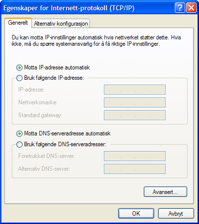 Kontroller at Motta IP-adresse automatisk og Motta DNSserveradresse automatisk er valgt.