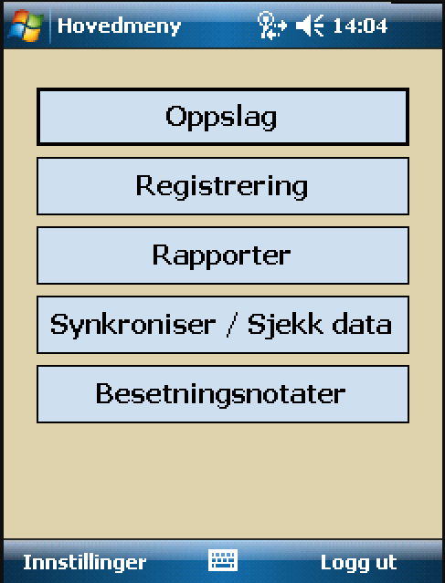 Hovedmeny Når du er logget inn, blir hovedmenyen presentert. Menyen inneholder mange av de samme registreringsbildene som du finner i Sauekontrollen Web.