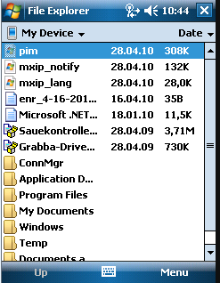 Trykk deretter på pilen igjen og velg My Windows Mobile-Based Device denne gangen. Nå skal de fem filene som ble kopiert fra PC limes inn på PDA. Bla deg fram til mappen du vil lagre filene i (f.eks.