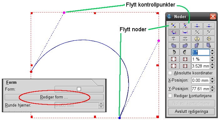 Når du har fått ønsket form på kurven, kobler du kurven med teksten du ønsker skal følge kurven, ved å først velge kurven og så klikke på tekstrammen mens du holder inne shifttasten på tastaturet.