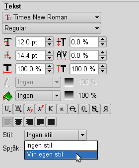 Her er det mange funksjoner for å endre på tekst-stilen. Alle tekst-egenskapene legges inn i stilen, og når du senere gir en tekstramme denne stilen, vil teksten i tekstrammen få de samme egenskapene.