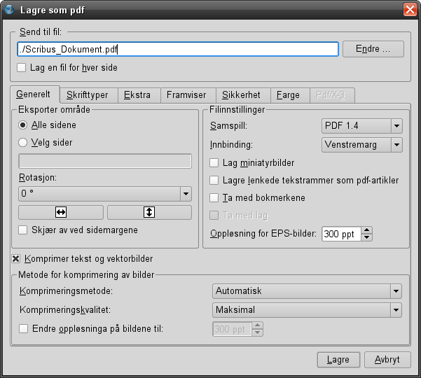 Scribus har mange innstillinger for eksport av pdf-filer.