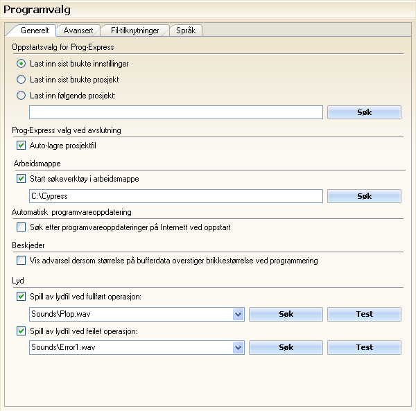 Batronix Prog-Express Brukermanual 29 PROGRAMVALG Programvalg brukes for å endre måten Prog-Express oppfører seg på når programmet startes og avsluttes, valg for visning av meldinger, valg for