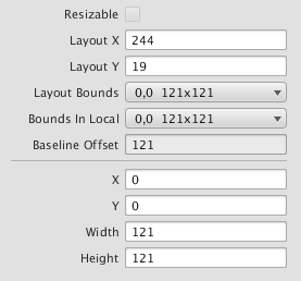 Valg av farge Valg av font Spesielt fin-innstillingen av plassering og dimensjoner kan være vanskelig. Nede til høyre i SceneBuilder-vinduet finner du egenskaper med kategorien Layout, bl.a. koordinater og størrelse.