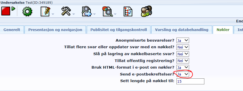 Når du har lagret csv-filen din kan du gå tilbake til LimeSurvey og laste opp fila ved bruk av Browse og trykke på csv-ikonet med den grønne pila i bildet Nøkkelkontroll (vist tidligere).