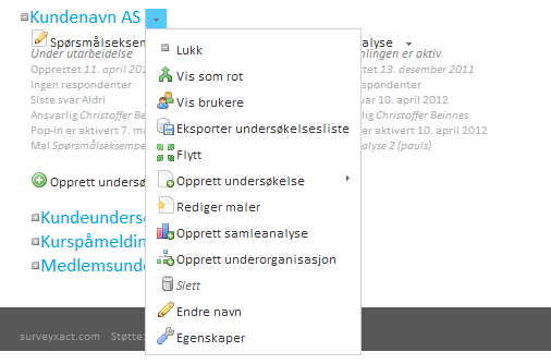 1. Huset I SurveyXacts hovedpanel ( Huset ), finner du alle dine undersøkelser og forskjellige mapper. Ved siden av knappen symbolisert av et hus finner du også Brukere.