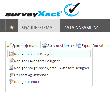 2. Opprett spørreskjema i SmartDesigner Trykk på Opprett undersøkelse Velg Tom undersøkelse Gi undersøkelsen et fornuftig navn (slik at du finner den igjen og trykk enter) Trykk på Spørreskjemaer