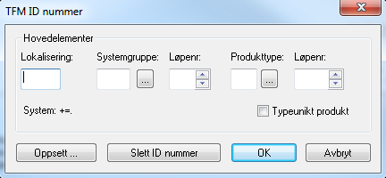 ID-nummer er basert på TFM (Tverrfaglig MerkeSystem og inneholder Lokalisering og koder for System og Produkt for komponenter og installasjoner i bygget. Velg Postmeny og ID-nummer.