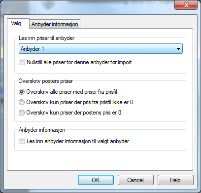 Les inn priser Ved å låse sletting av post/konto og ny/endre post/konto sikrer man at det er samsvar mellom anbudsfil og beskrivelse ved innlesing av priser.