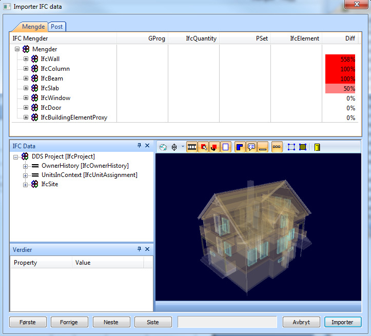 Mengdekontroll Dette bildet viser mengder for de ulike Ifc-objekttypene og kolonner som viser Gprog mengde (våre beregnete mengder), mengder som ligger på ifc-fila enten som IfcQuantity, ifcelement