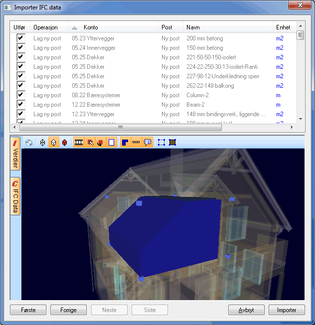 Du finner mer om IFC-mengder i eget avsnitt. Opprettede poster etter import Dette er siste dialog i importveiviseren. Den viser alle poster som kan opprettes fra IFC importfilen.