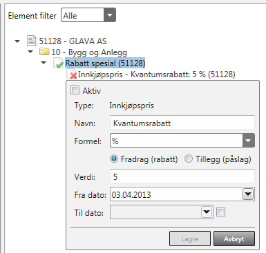 Hver Rabattbetingelse kan igjen ha flere Rabattelementer tilknyttet. For å aktivere (Grønn hake) eller deaktivere (rødt kryss) en betingelse kan det settes en hake/fjerne haken i feltet Aktiv.