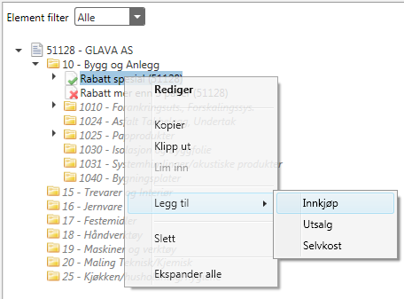 Det finnes tre forskjellige typer rabattelementer: INNKJØP, UTSALGSPRIS og SELVKOST.