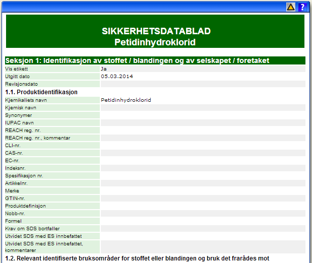 Fyll inn utgivelsesdato og kjemikaliets navn.