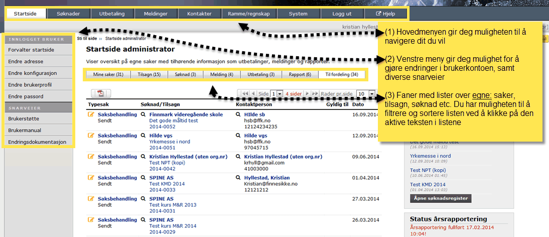 Introduksjon 1.3 11 Etter pålogging Innlogget bruker Når du har logget deg inn i RF13.50 kommer du til startsiden tilpasset din rolle.