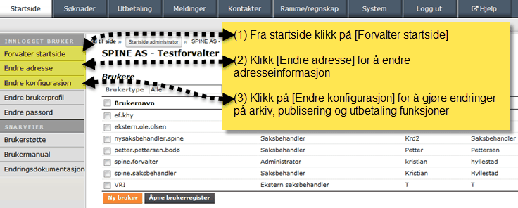 148 RF13.50 - Dokumentasjon 3.7 Konfigurasjon 3.7.1 Kontroll av forvalters basisinformasjon Som ny forvalter kan det være aktuelt å kontrollere at det er korrekt informasjon som innlagt på forvalter.