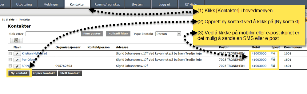 Forvalter 161 2) Slik arkiveres en melding fra prosjektets startside. 3.8.9 Kontakter I kontaktregiseret kan en lagre: Egne kontakter (hos egen forvalter) ved f. eks interne tilsagn.