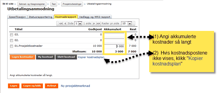 Forvalter 69 Her viser vi hvordan en endrer konfigurasjonen. Neste fane er Kostnadsrapport: Denne er ikke obligatorisk for saksbehandler å fylle ut. Angi akkumulerte kostnader så langt.