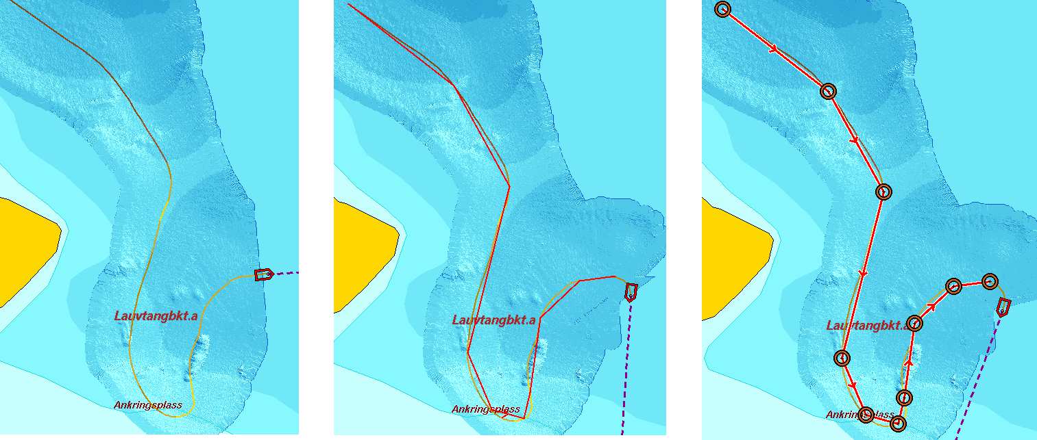 For å starte logging av slepestreken, klikk én gang på knappen Slepestrek i hovedmenyen. Et enkelt flagg plasseres der slepestreken startes, og en heltrukken linje tegnes langs den seilte kursen.