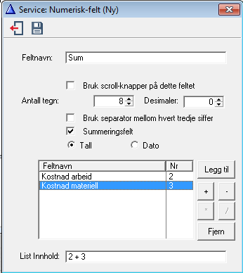 - Marker det feltet som skal adderes eller subtraheres fra det første feltet du valgte, og klikk Legg til. - Gjenta operasjonen om du ønsker å ha med flere felt i summeringen.