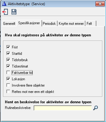 - Status - Du kan sette hvilken statuskode som systemet skal foreslå ved registrering av aktiviteter av denne typen. Kan overstyres under registrering av aktivitet.