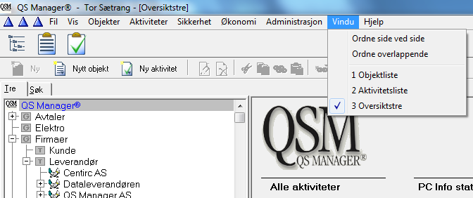 Vinduene i QS Manager Nyttig tips! For at du skal kunne se all informasjon som står i de ulike vinduene QSM, anbefaler vi at du setter skjermen til en oppløsning på min. 1024 x 768.