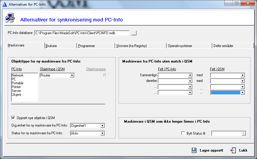 Alternativer for PC-Info Det er bare de som er definert som administratorer i QSM som har tilgang til menyen som har med PC-Info å gjøre.