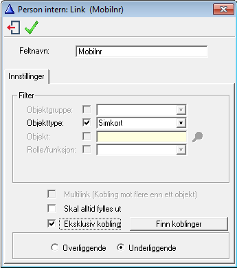 legger dette til listen over valgbare alternativer. Eks.: - Check-box - gir mulighet for å hake av for om objektet innehar en definert egenskap. Eks.: - Tab/fane - gir mulighet for å sortere de ulike registreringsfeltene bak ulike faner på registreringsbildet for objekter av aktuell type.