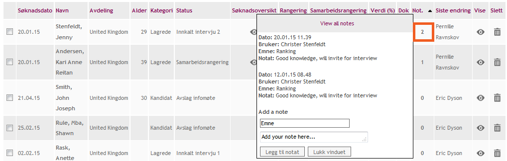 V i s e e t o p p l a s t e t d o k u m e n t e l l e r n o t a t 1. Klikk på navnet i kolonnen Fil for å vise et dokument eller klikk på navnet i kolonnen Kommentarer for å vise et notat.