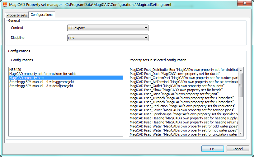 5.6. MagiCAD Property Set Manager MagiCAD har en egen funksjonalitet for å bestemme hvilken informasjon som skal eksporteres til IFC og Navisworks.