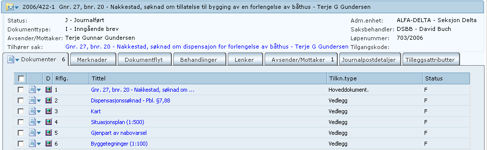 Opprette nytt vedlegg Under en post kan det registreres flere dokumenter. Det første dokumentet som tilknyttes posten, vil bli tilknyttet som hoveddokument.