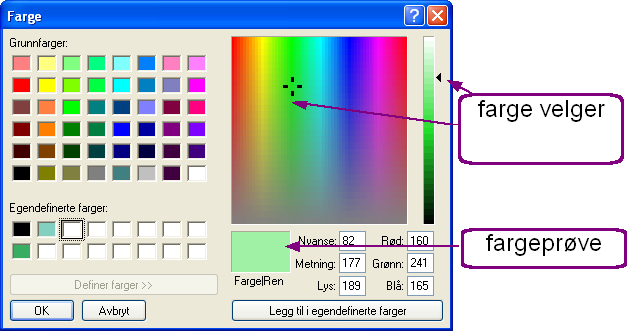136 Lage egne paneler Utvidet dialogboks Farge. Velg først en rute på venstre side! 3. Bruk høyre side til å velge en farge: Dra i de to svarte velgerne til fargen du vil ha, vises i prøvefeltet. 4.