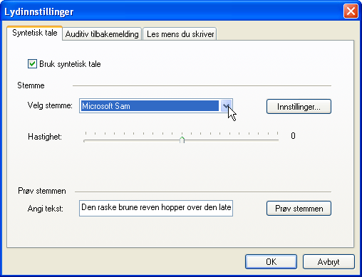 286 Lyd- og bildeverktøy Kategorien Syntetisk tale. 3. Merk av for Bruk syntetisk tale. 4. Velg en stemme fra rullegardinlisten Velg stemme. 5.