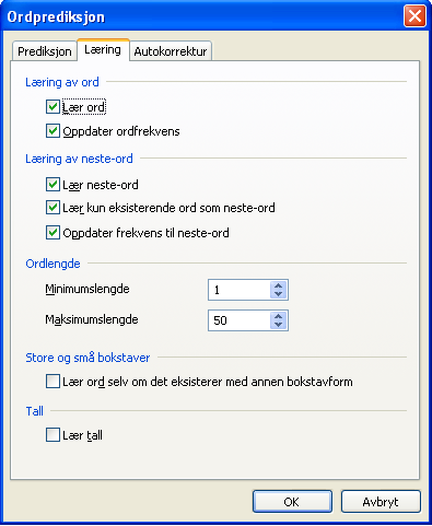 Innstillinger 321 Disse innstillingene vil føre til at Ordprediksjon kan lære. Og vokse.