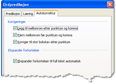 322 Innstillinger Vist med foreslåtte avmerkinger. Disse alternativene for autokorrektur rydder opp i vanlige stavefeil. Legg spesielt merke til alternativet for Ekspander forkortelser.
