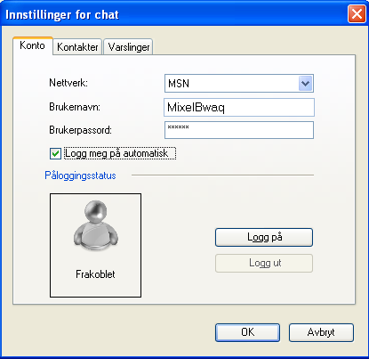352 Innstillinger Velg et chat-nettverk (MSN, ICQ eller AIM/AOL), og angi brukerens påloggingsinformasjon for dette nettverket. Hvis brukeren ikke har en konto fra før, går du først til www.aim.