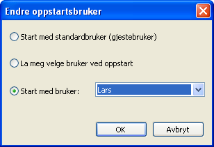 Administrere flere brukere eller datamaskiner 359 Denne dialogboksen vises: Hvis du har flere brukere, er kanskje alternativet i midten det beste. 3. Vil du angi en bestemt bruker som oppstartsbruker, klikker du Start med bruker.